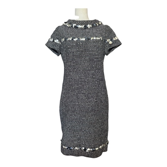 Per Se Black White Tweed Sheath Dress Size 4 Sequin Back Zipper Slit - Picture 1 of 8